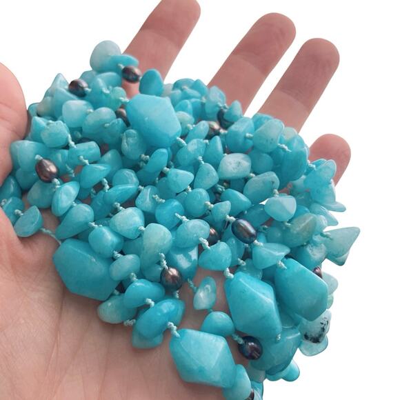 Hand-Knotted Multi-Strand Aqua Color Amazonite Bib Necklace w/ Toggle Clasp 19” - Picture 5 of 16